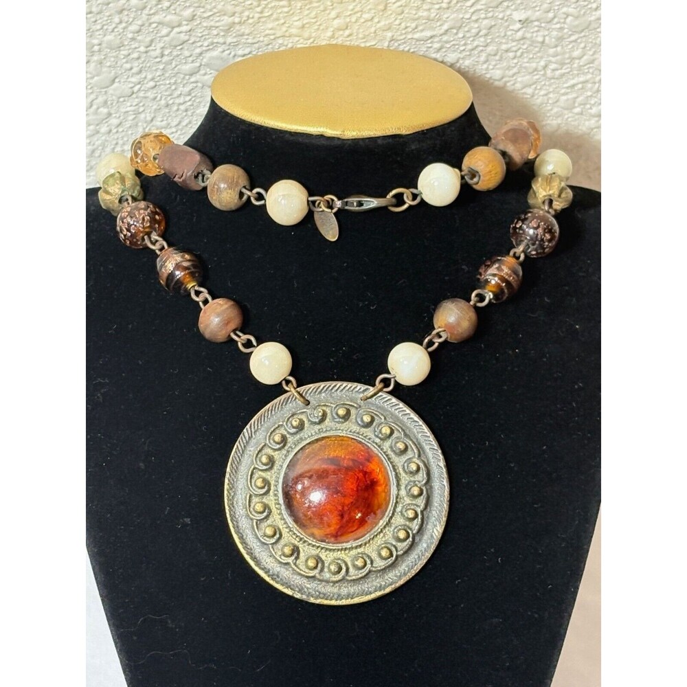 Vintage 36" Wood & Glass Beaded Necklace With Large Circular Pendant The Limited